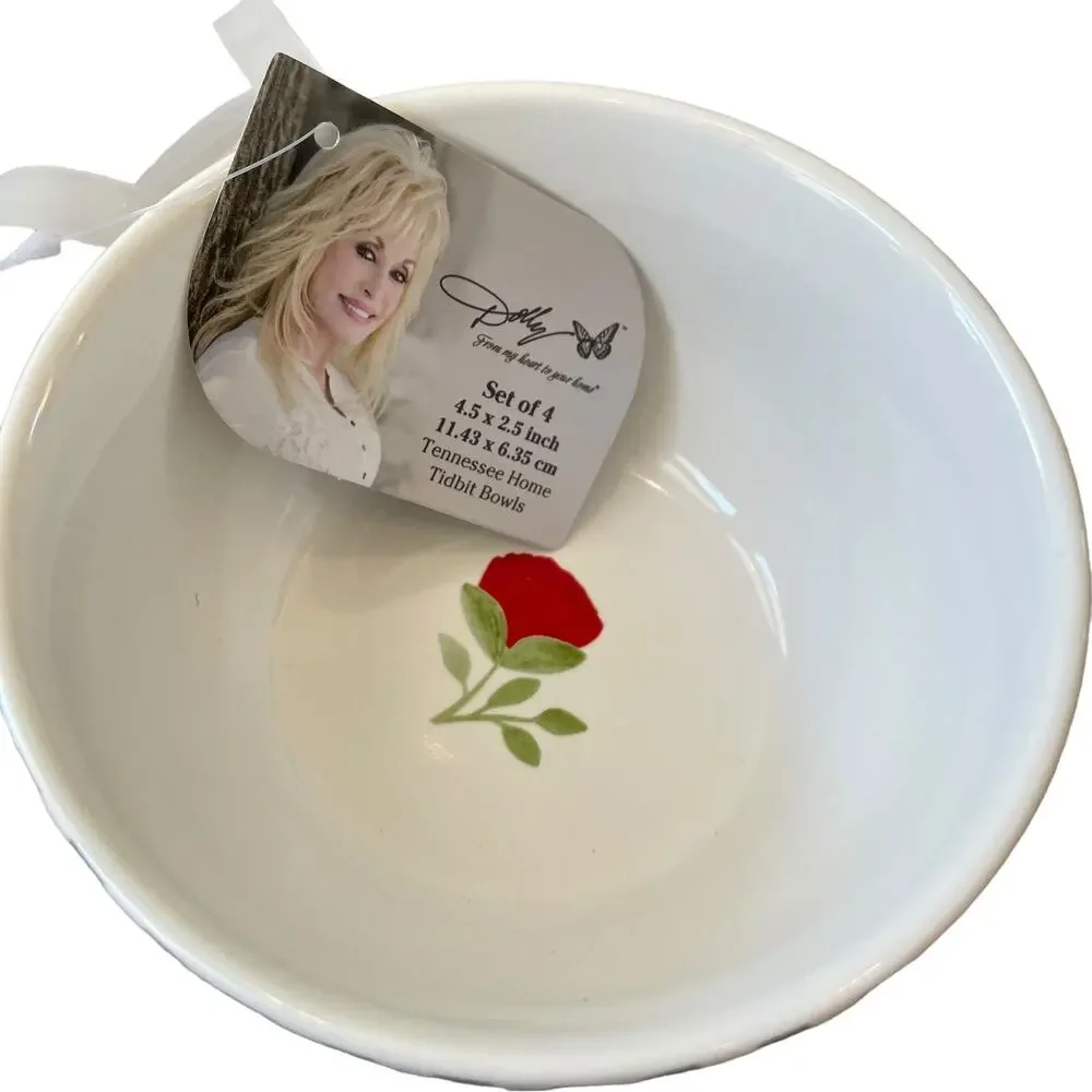 DOLLY PARTON Set of 4 Ceramic Tidbit Bowls Black|White Gingham Red Floral INEW